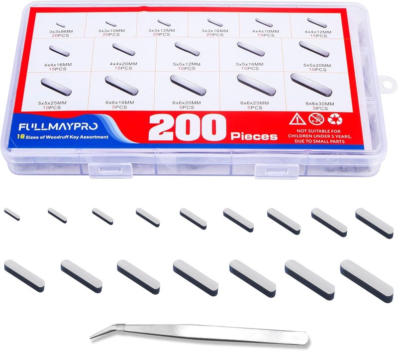 FullMayPro 200PCS Round Ended Feather Key, 8MM-30MM Woodruff Key Stock Assortment in 16 Size, Parallel Drive Shaft Keys Set Kit,Shaft Feather Key for Fastening Connection - Image 1